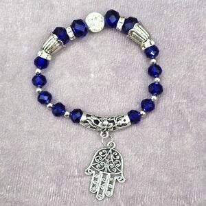 Silver Bead Hand Charka Charm Dangle Elastic Bracelet Boho Retro Fashion Jewelry